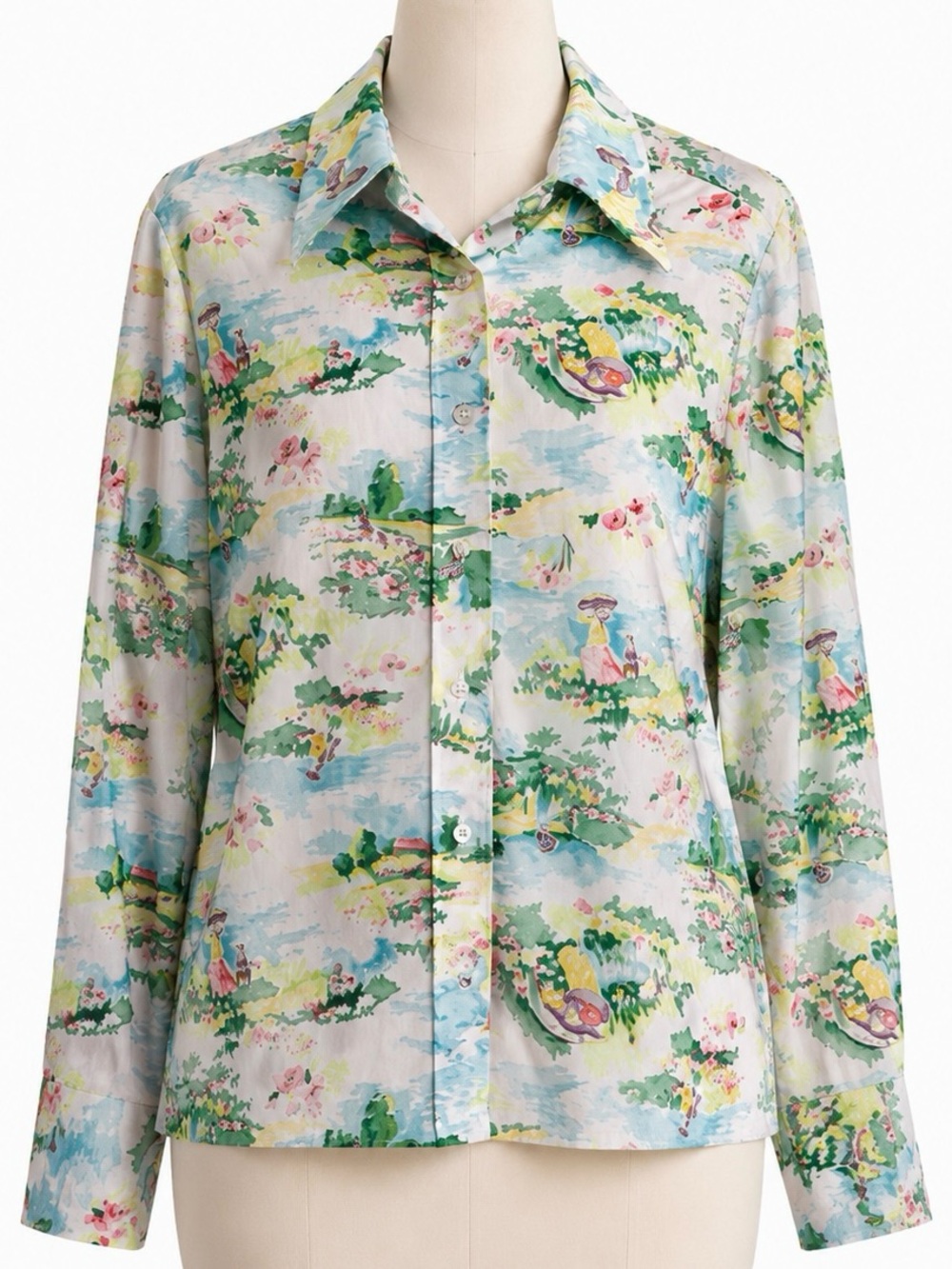 Vintage Two East 1970s Blouse Pastoral Scene Boho Hippie Disco Wide Collar 17/18